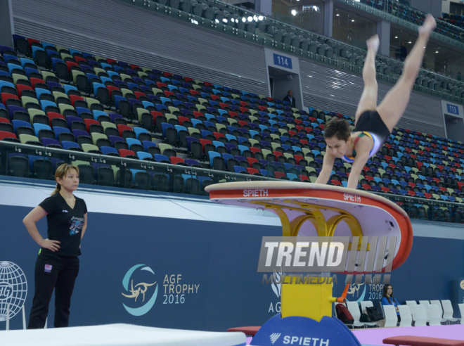 Bakıda Dünya Kubokunun iştirakçısı olan gimnastların podium məşqləri. Azərbaycan, 18 fevral, 2016